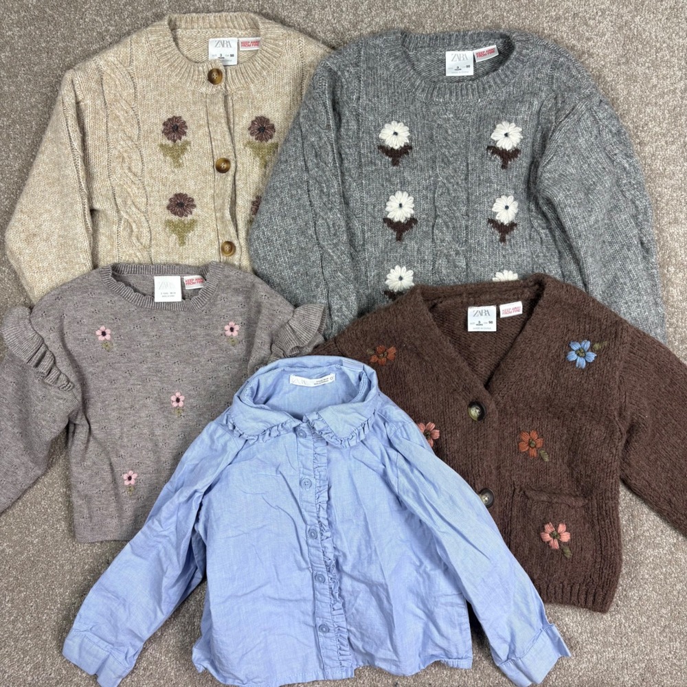 Zara Kids Lot 5pc Floral Embroidered Sweaters Cardigans Ruffle Blouse 3 98cm